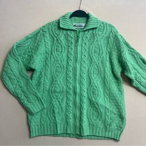 Aran Crafts‎ Ireland NEW Green Cable Knit Merino Wool Zip Cardigan Sweater in M